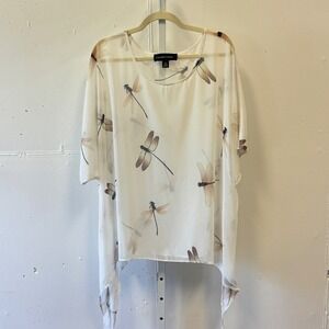 Colleen Lopez Dragonfly Print Sheer Chiffon Poncho Top White XL 597067 Artsy‎